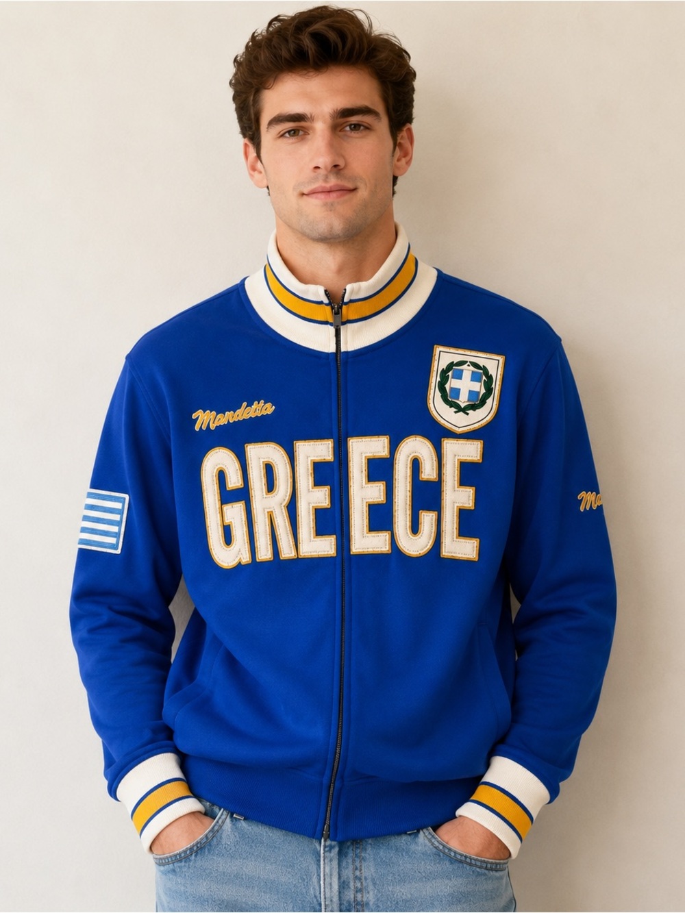 Mondetta Blue 'GREECE' Embroidered Varsity Jacket - Size L